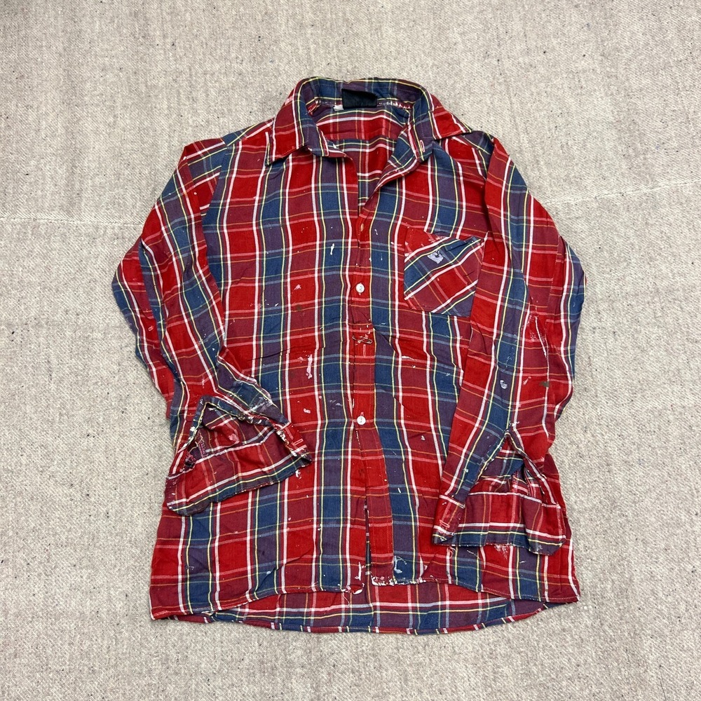 Vintage Laurentien‎ Flannel Shirt Medium Red 1970s Button Up Distressed